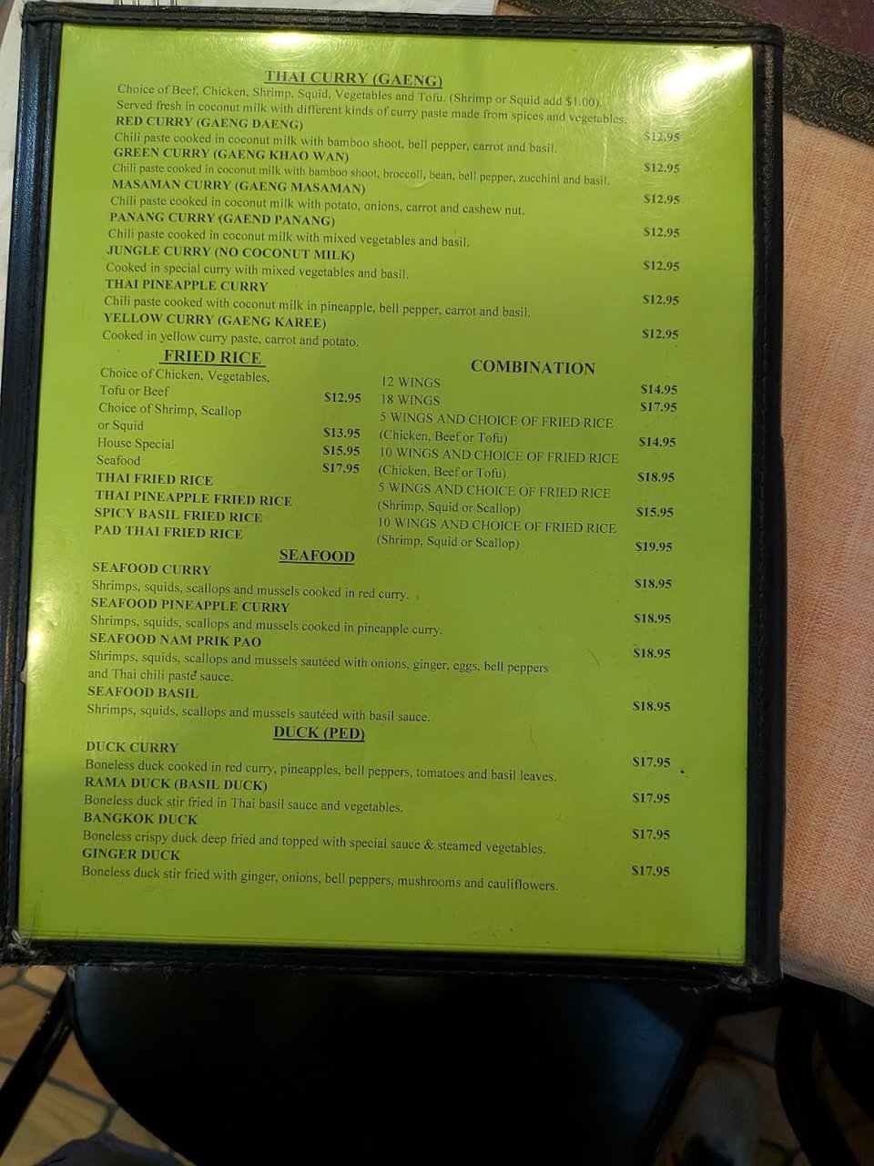 House specialty section beside curry and pad choices.